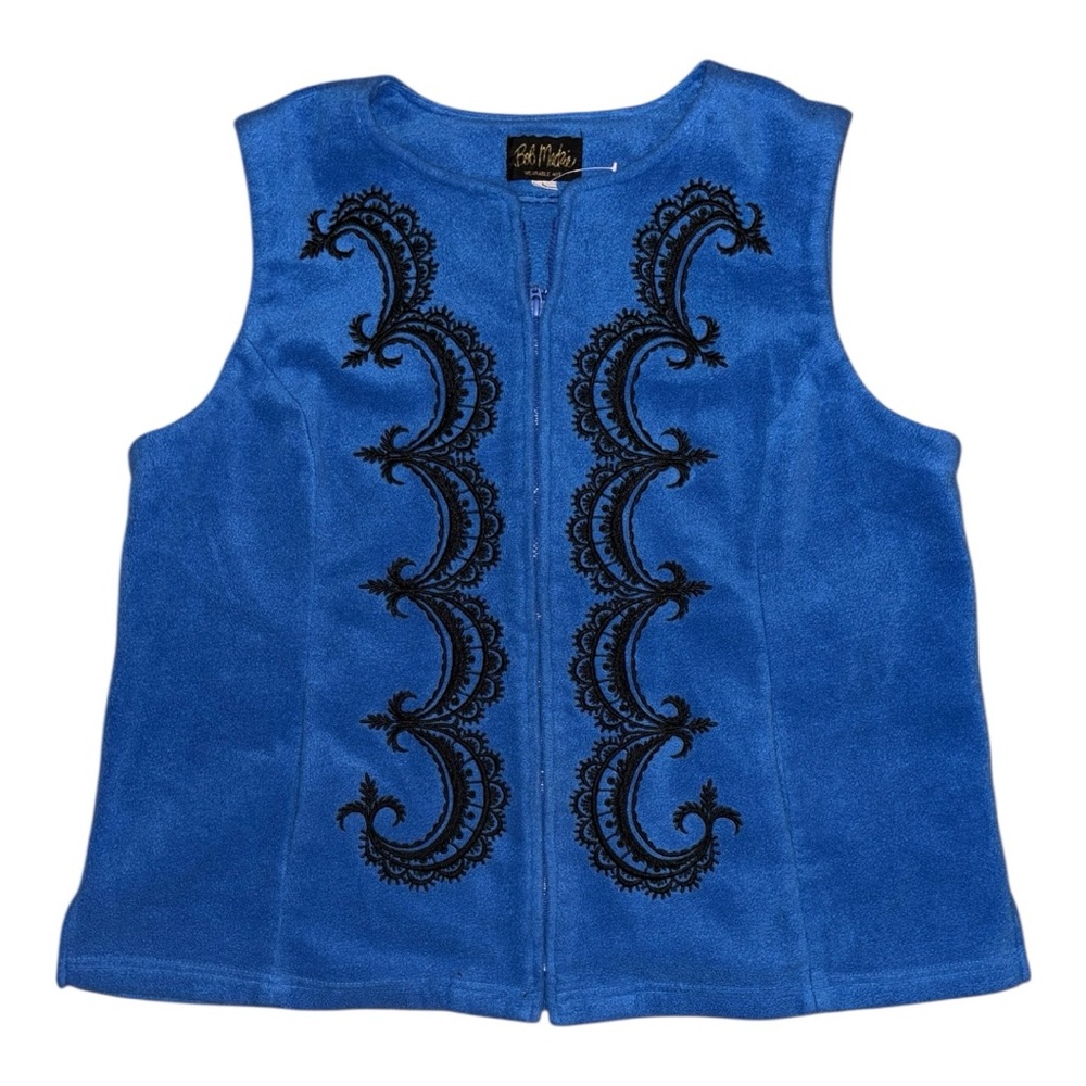 Bob Mackie Vest Blue Fleece embroidered wearable art vest w/full zip pockets